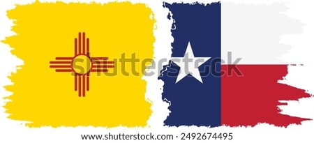 Texas and New Mexico states grunge brush flags connection, vector