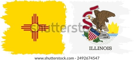 Illinois and New Mexico states grunge brush flags connection, vector