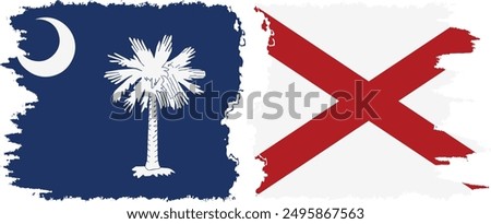 Alabama and South Carolina states grunge brush flags connection, vector