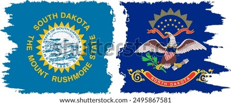 North Dakota and South Dakota states grunge brush flags connection, vector