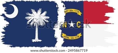 North Carolina and South Carolina states grunge brush flags connection, vector