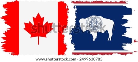 Wyoming and Canada grunge brush flags connection, vector