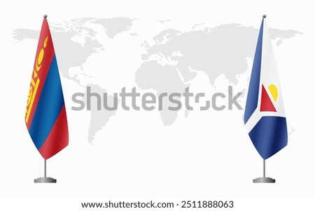 Mongolia and Saint Martin flags for official meeting against background of world map.