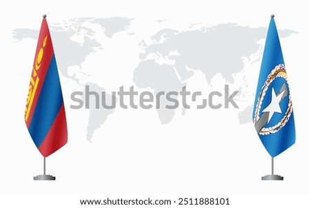 Mongolia and Northern Mariana Islands flags for official meeting against background of world map.