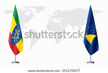 Ethiopia and Tokelau flags for official meeting against background of world map.