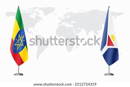 Ethiopia and Saint Martin flags for official meeting against background of world map.