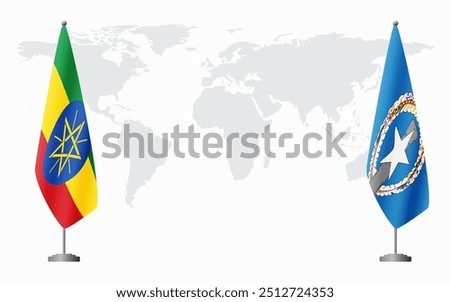 Ethiopia and Northern Mariana Islands flags for official meeting against background of world map.