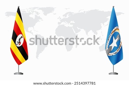 Uganda and Northern Mariana Islands flags for official meeting against background of world map.