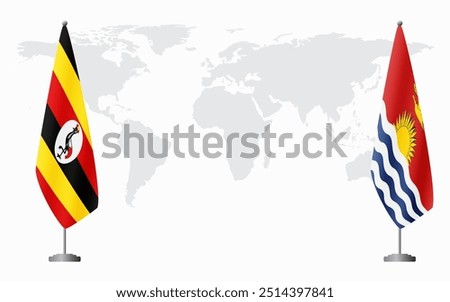 Uganda and Kiribati flags for official meeting against background of world map.