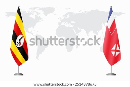 Uganda and Wallis and Futuna flags for official meeting against background of world map.