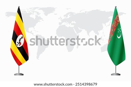 Uganda and Turkmenistan flags for official meeting against background of world map.