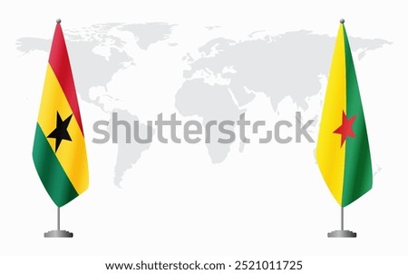 Ghana and French Guiana flags for official meeting against background of world map.