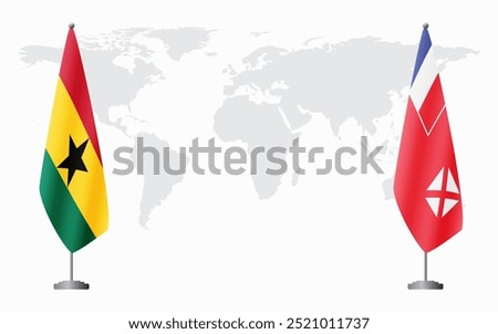 Ghana and Wallis and Futuna flags for official meeting against background of world map.