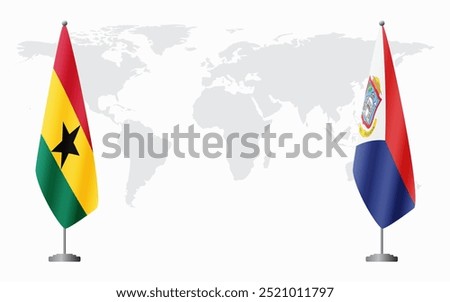 Ghana and Sint Maarten flags for official meeting against background of world map.