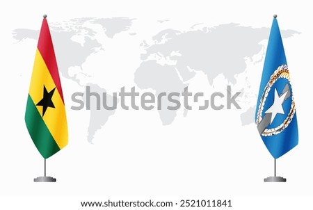 Ghana and Northern Mariana Islands flags for official meeting against background of world map.