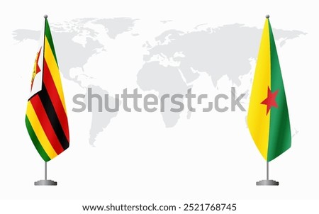 Zimbabwe and French Guiana flags for official meeting against background of world map.