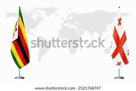 Zimbabwe and Georgia flags for official meeting against background of world map.