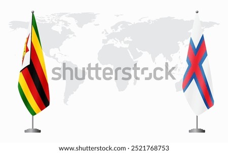 Zimbabwe and Faroe Islands flags for official meeting against background of world map.