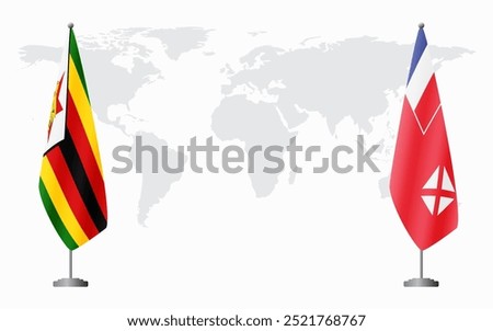 Zimbabwe and Wallis and Futuna flags for official meeting against background of world map.