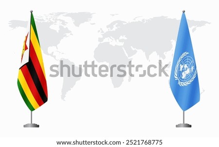 Zimbabwe and United Nations flags for official meeting against background of world map.