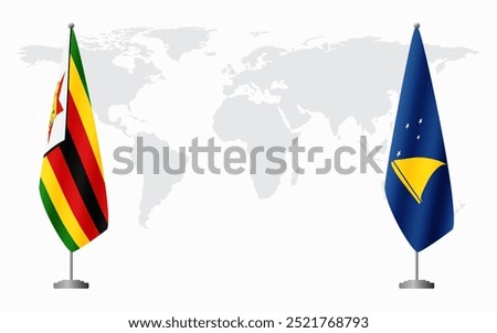 Zimbabwe and Tokelau flags for official meeting against background of world map.