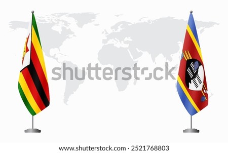 Zimbabwe and Kingdom of eSwatini - Swaziland flags for official meeting against background of world map.