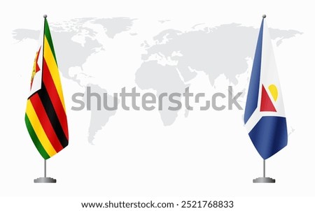 Zimbabwe and Saint Martin flags for official meeting against background of world map.