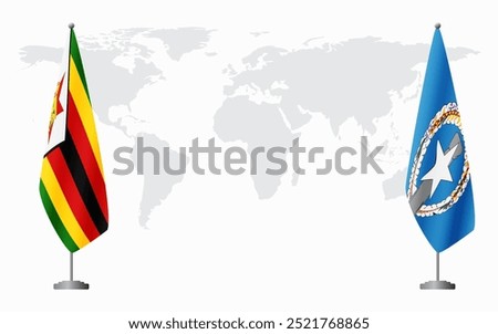 Zimbabwe and Northern Mariana Islands flags for official meeting against background of world map.