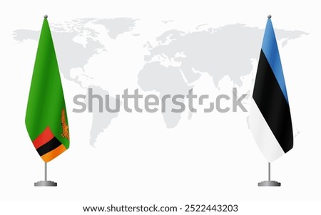 Zambia and Estonia flags for official meeting against background of world map.