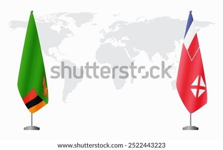 Zambia and Wallis and Futuna flags for official meeting against background of world map.