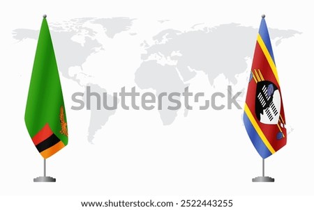 Zambia and Kingdom of eSwatini - Swaziland flags for official meeting against background of world map.