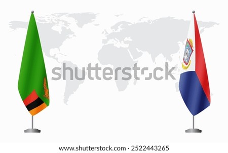 Zambia and Sint Maarten flags for official meeting against background of world map.