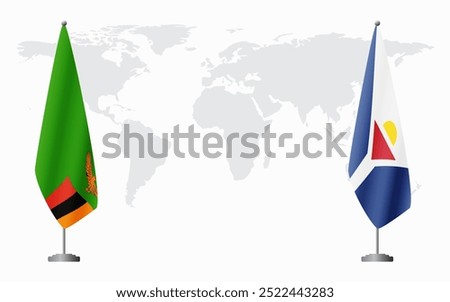 Zambia and Saint Martin flags for official meeting against background of world map.