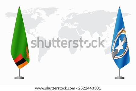 Zambia and Northern Mariana Islands flags for official meeting against background of world map.