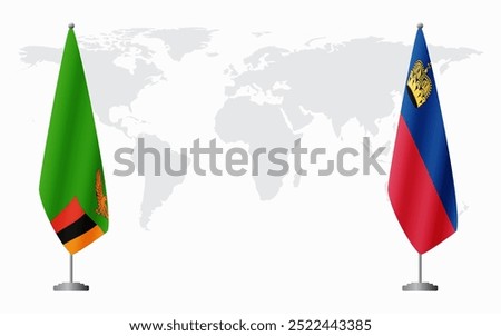 Zambia and Liechtenstein flags for official meeting against background of world map.