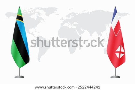 Zanzibar and Wallis and Futuna flags for official meeting against background of world map.