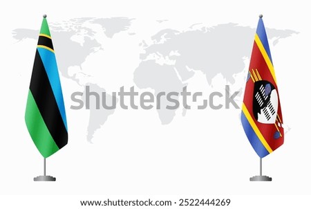 Zanzibar and Kingdom of eSwatini - Swaziland flags for official meeting against background of world map.