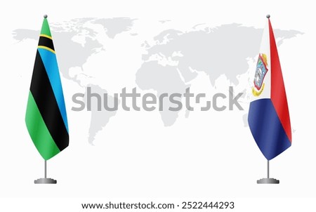 Zanzibar and Sint Maarten flags for official meeting against background of world map.