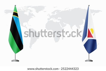 Zanzibar and Saint Martin flags for official meeting against background of world map.