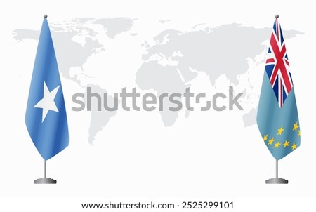 Somalia and Tuvalu flags for official meeting against background of world map.