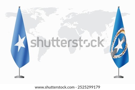 Somalia and Northern Mariana Islands flags for official meeting against background of world map.