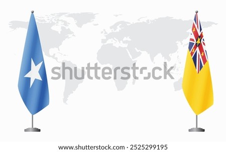 Somalia and Niue flags for official meeting against background of world map.