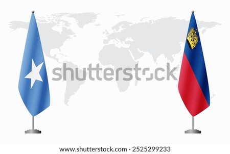 Somalia and Liechtenstein flags for official meeting against background of world map.