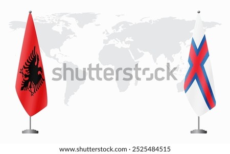 Albania and Faroe Islands flags for official meeting against background of world map.