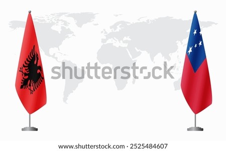 Albania and Samoa flags for official meeting against background of world map.