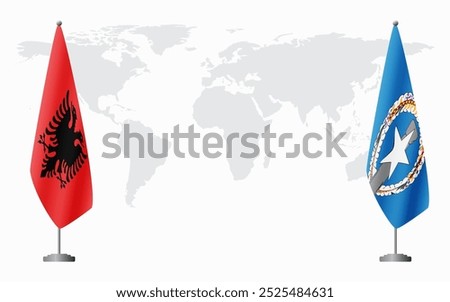 Albania and Northern Mariana Islands flags for official meeting against background of world map.