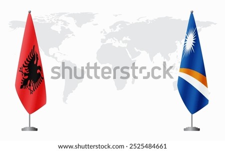 Albania and Marshall Islands flags for official meeting against background of world map.