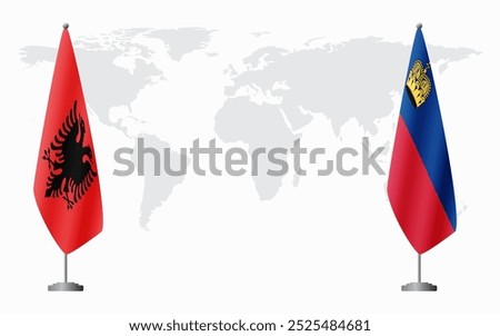 Albania and Liechtenstein flags for official meeting against background of world map.