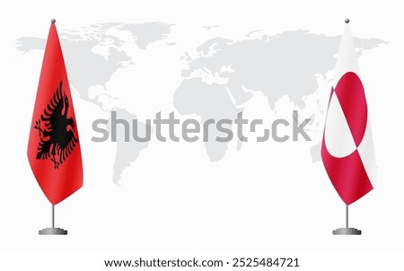 Albania and Greenland flags for official meeting against background of world map.