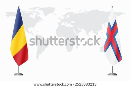 Romania and Faroe Islands flags for official meeting against background of world map.